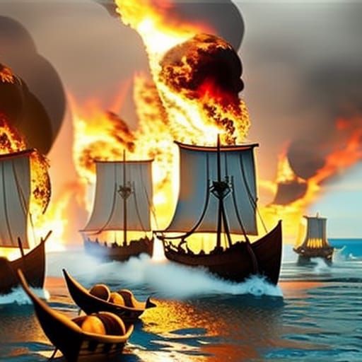 Viking Ships Near Burning Castle, Surrealist Style