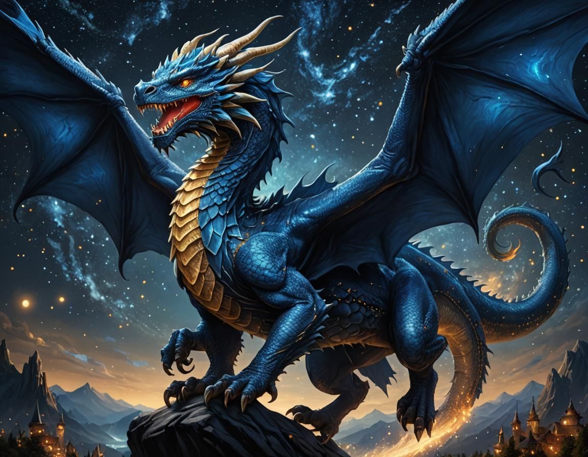Majestic Blue Dragon Soaring in Starry Night Sky