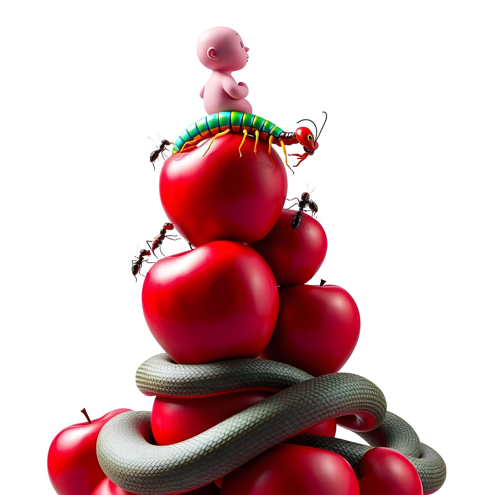 Vibrant Surrealist Sculpture with Apples and Iridescent Cent...