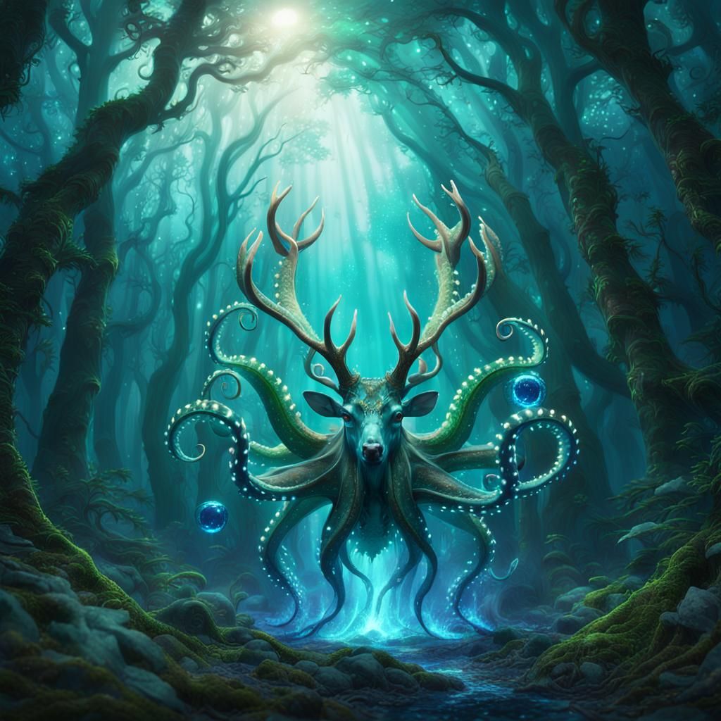Mystical Deer-Octopus Hybrid Emerges in Fantasy Forest