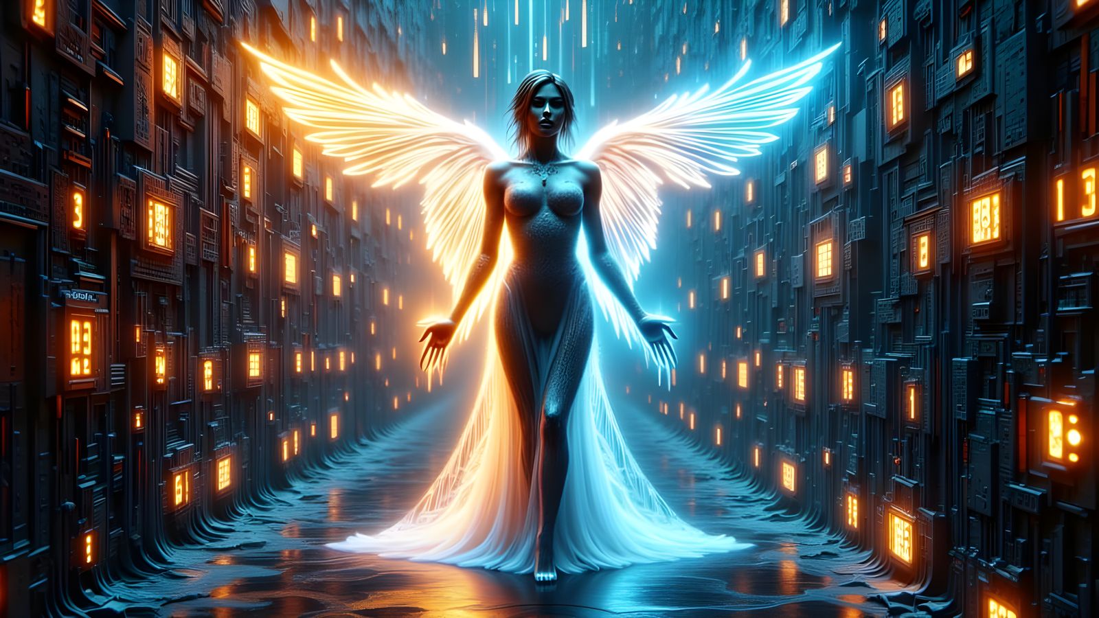 Ethereal AI Goddess Emerges from Binary Code in Cyberpunk St...