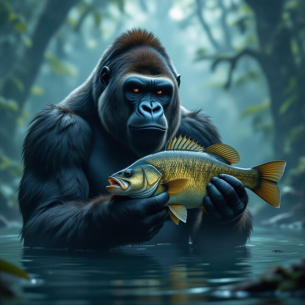 Hyperrealistic Gorilla Holding a Giant Bass in Misty Forest