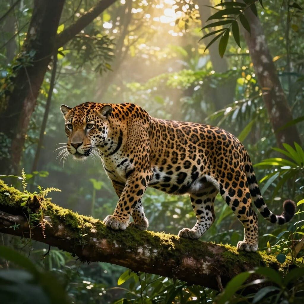 Sleek Jaguar in Rainforest, Golden Hour Light