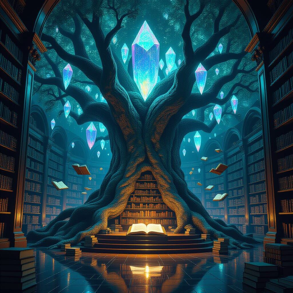 Enchanted Tree Library with Floating Books in Dark Fantasy S...