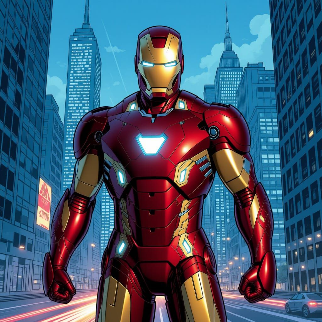 Iron Man in Futuristic Cityscape: Comic Book Art