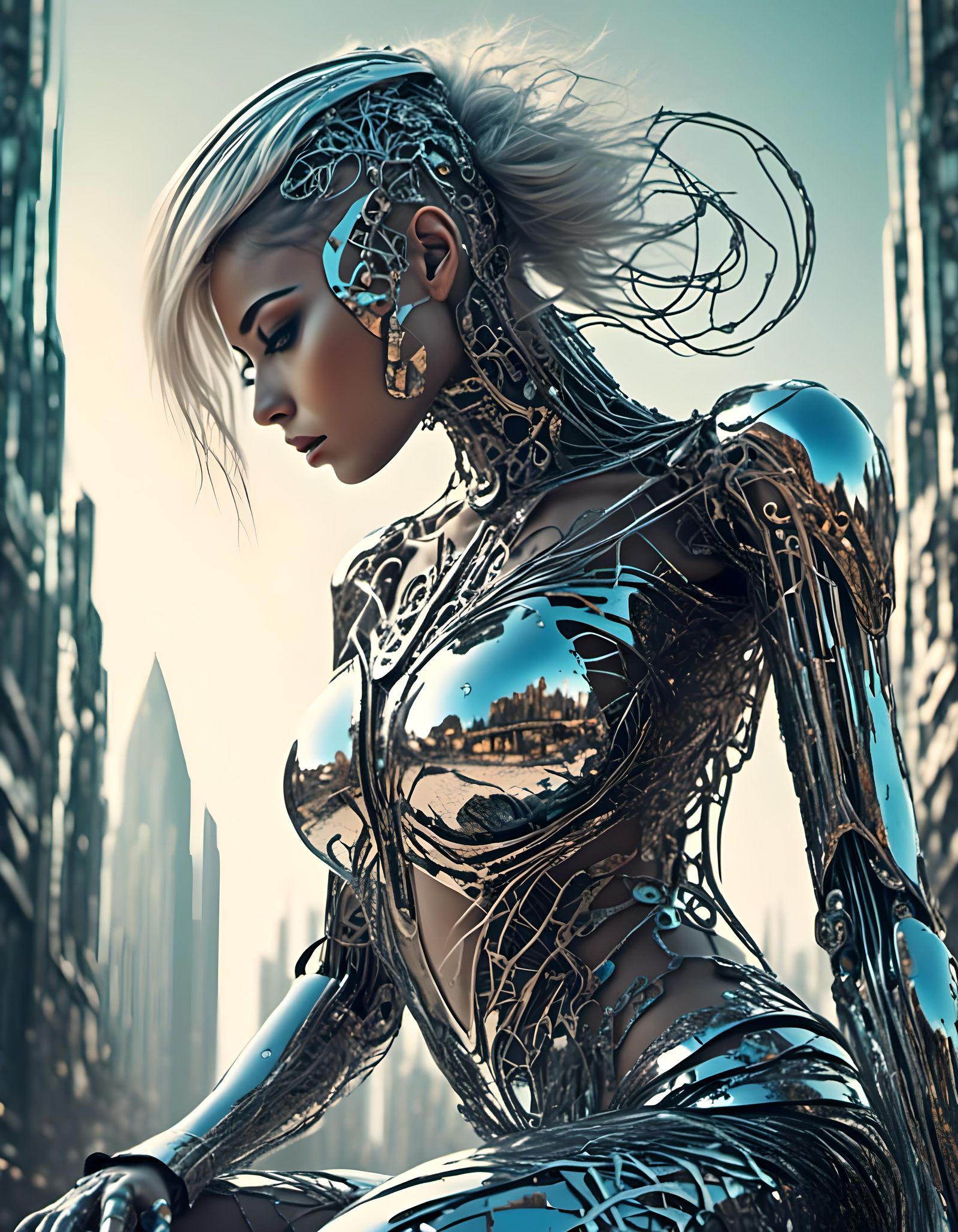 Futuristic Cyborg Woman in Metropolis