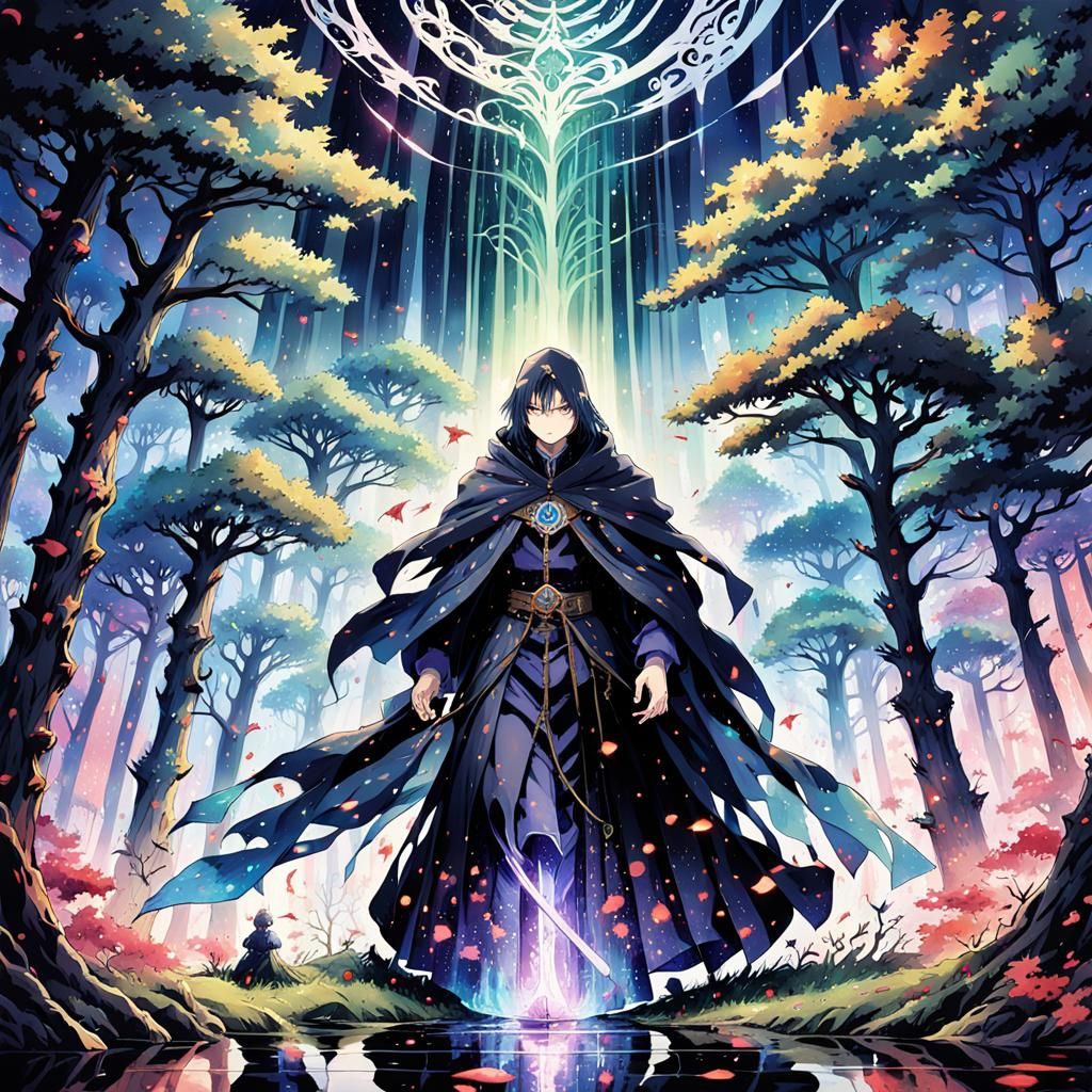 Mystical Figure on Glowing Path in Anime Style