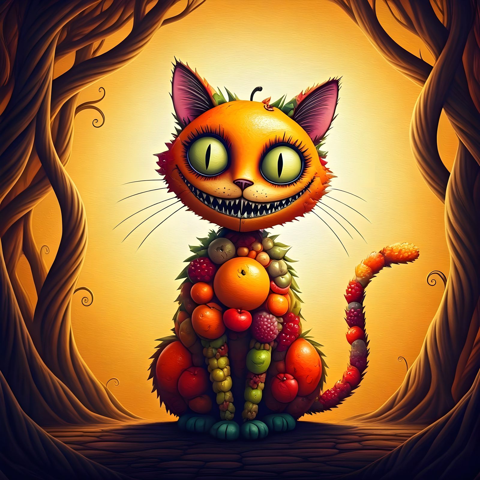 Surreal Fruit Cat in Whimsical Tim Burton Style
