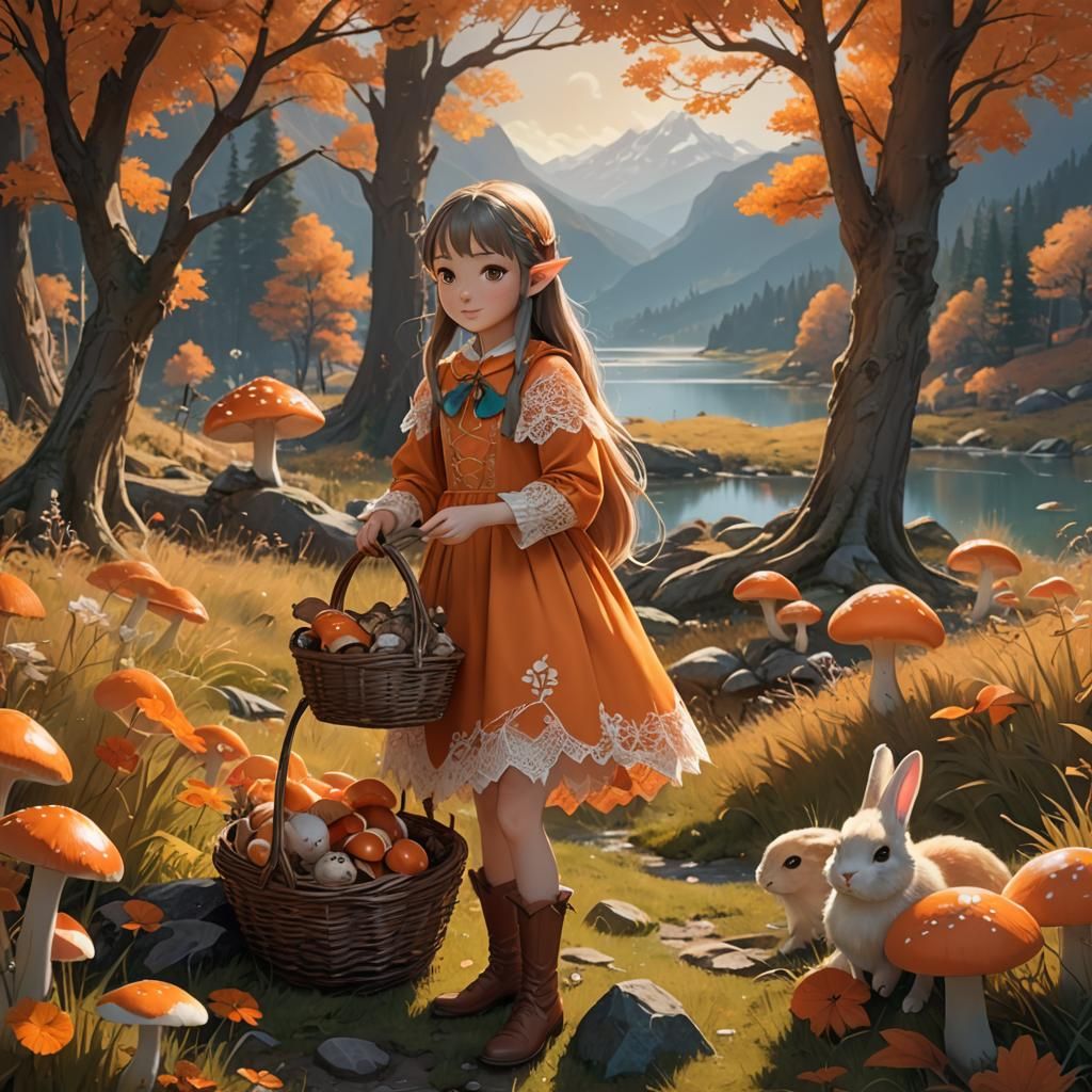 Enchanted Elf Girl Collecting Mushrooms: 3D Anime Art