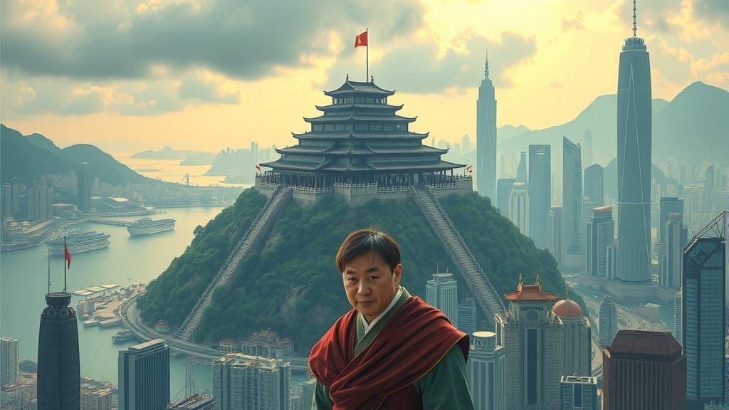 Island Fortress near Hong Kong in Retro-Futuristic Style