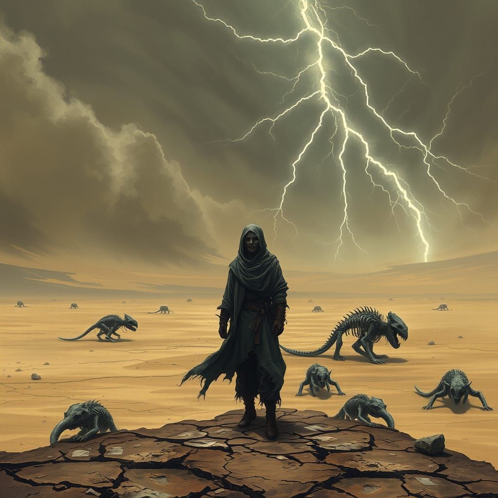 Post-Apocalyptic Wanderer Faces Swirling Sandstorms