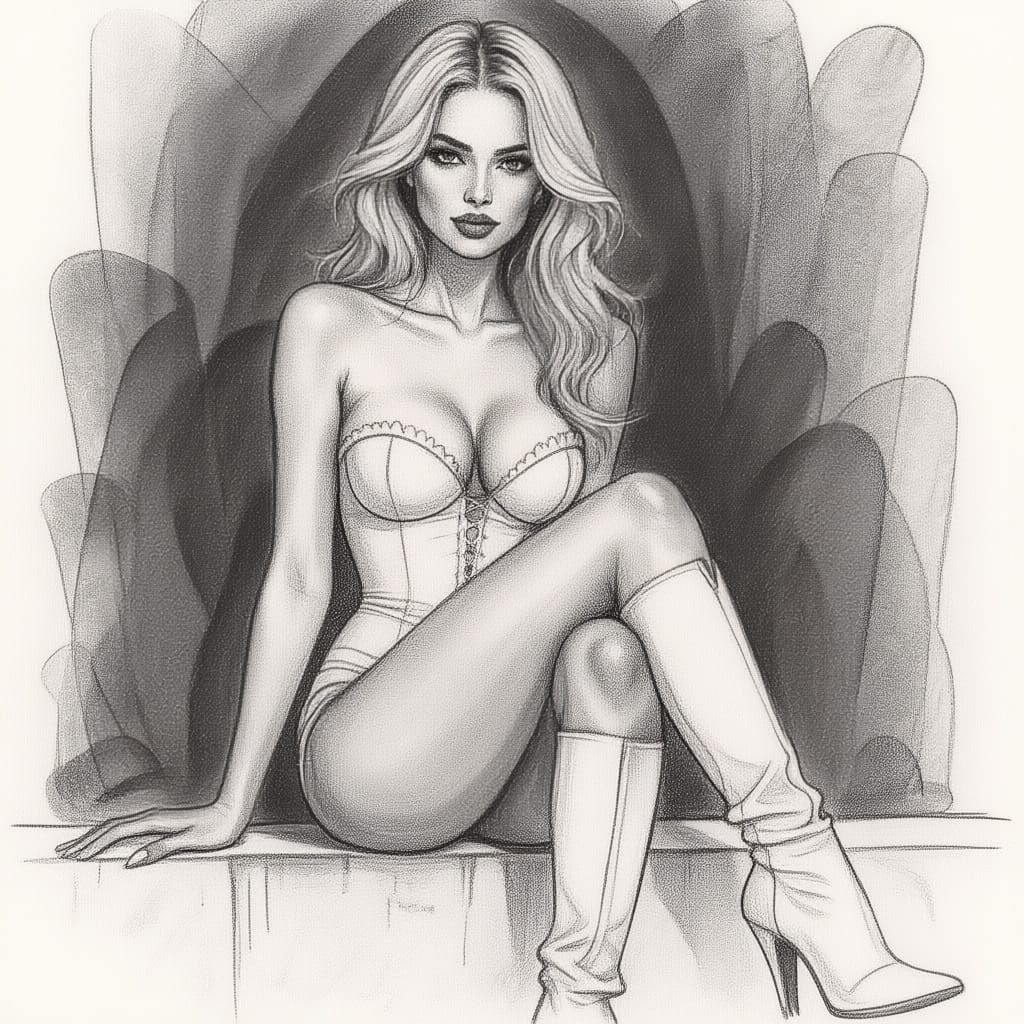 Charcoal Outline Drawing of Woman in White Bustier and Boots