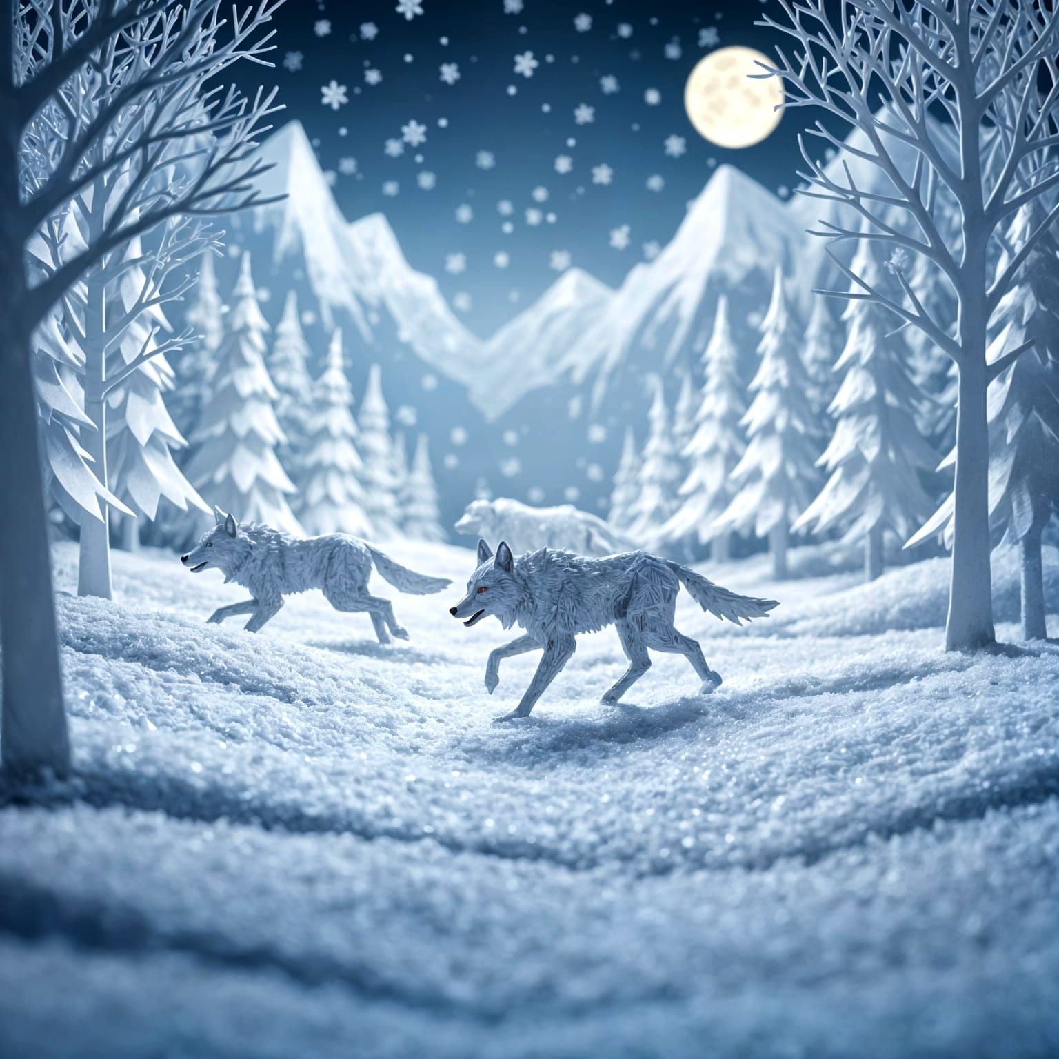 Paper Wolves in Snowy Forest Scene