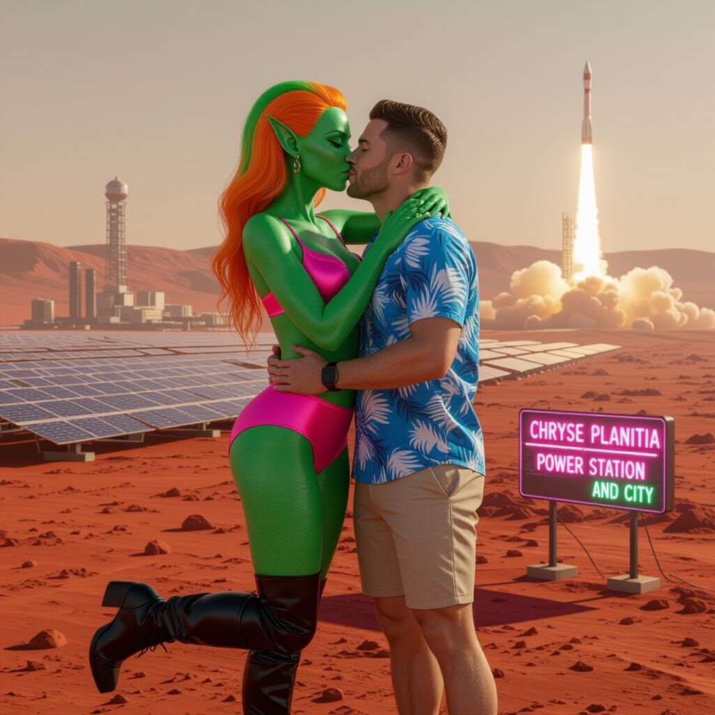 Attractive Green Alien Woman in Pink Bra on Mars