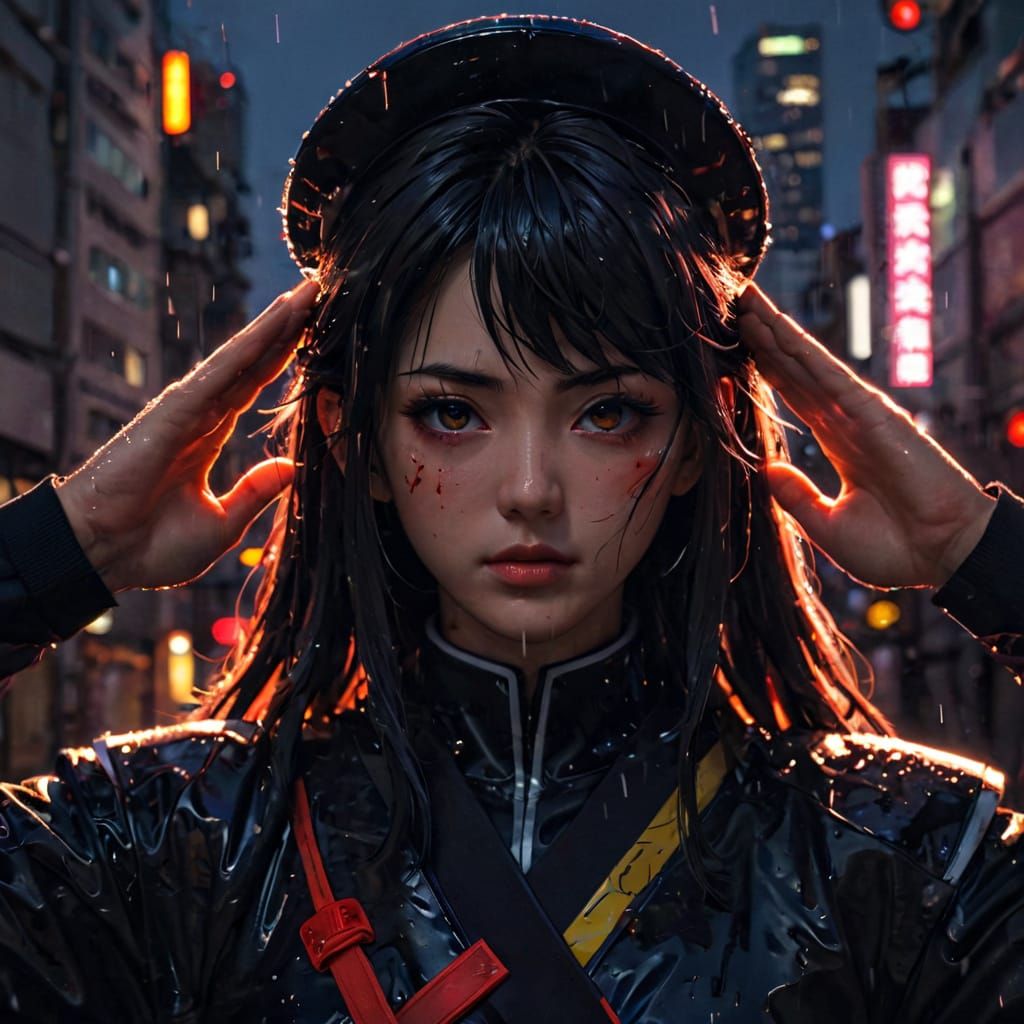 Cyberpunk Anime Soldier in Tokyo Cityscape