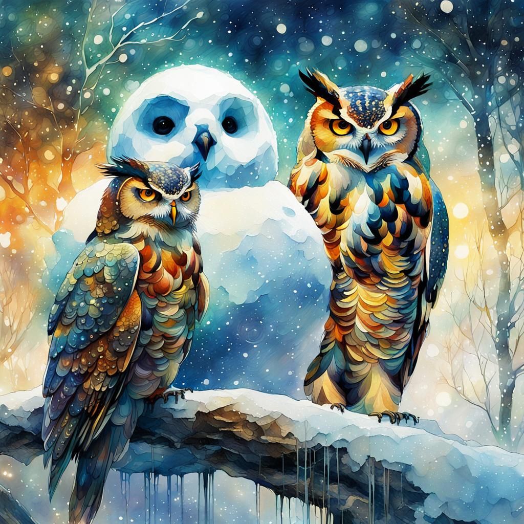 Snowman and Owl in Digital Watercolor Painting