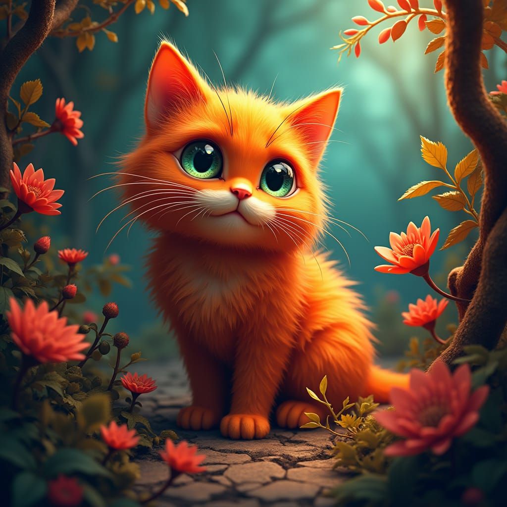 Fluffy Orange Cat with Shimmering Eyes, Fantasy Art