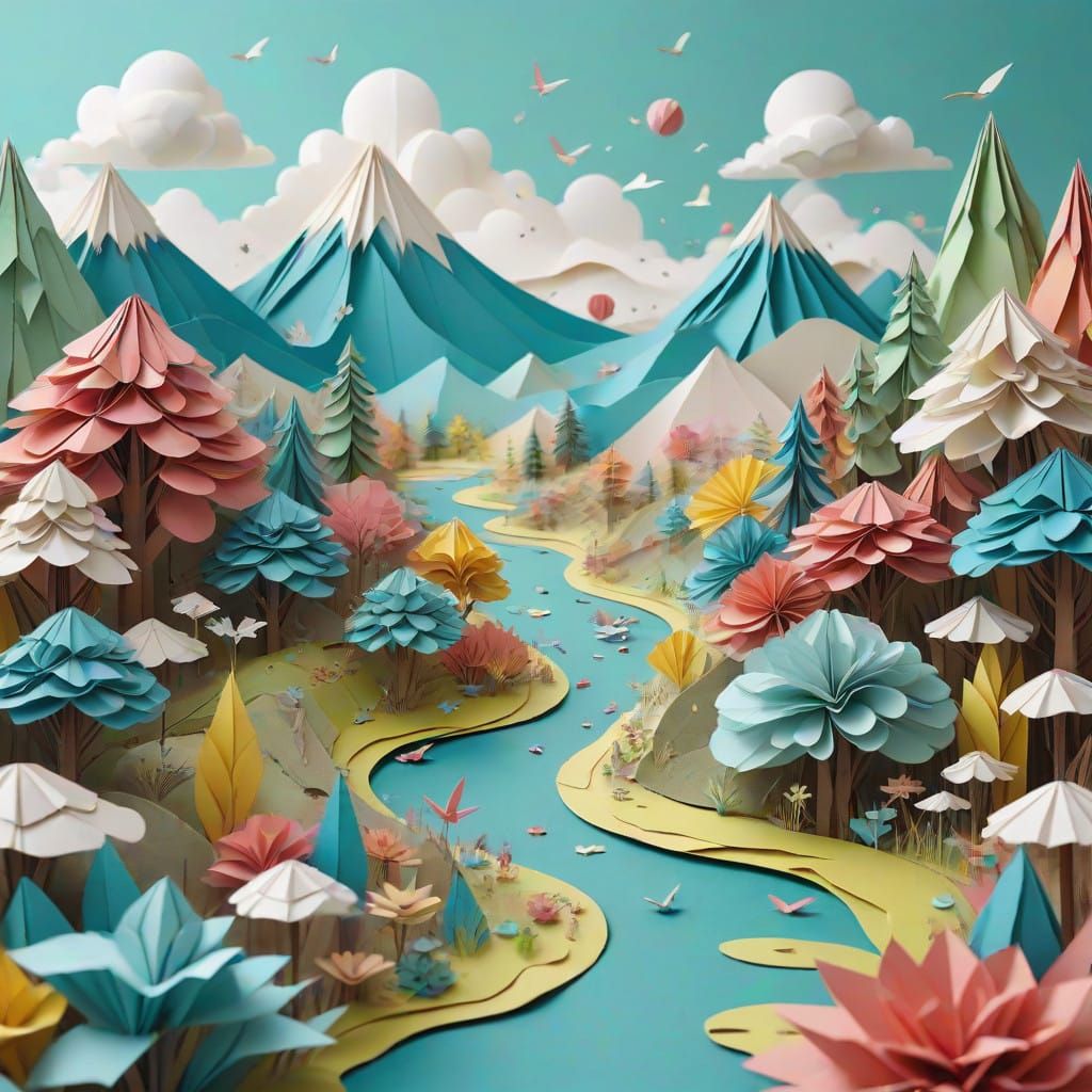 Origami Papercraft Post-Apocalyptic Landscape in Soft Focus