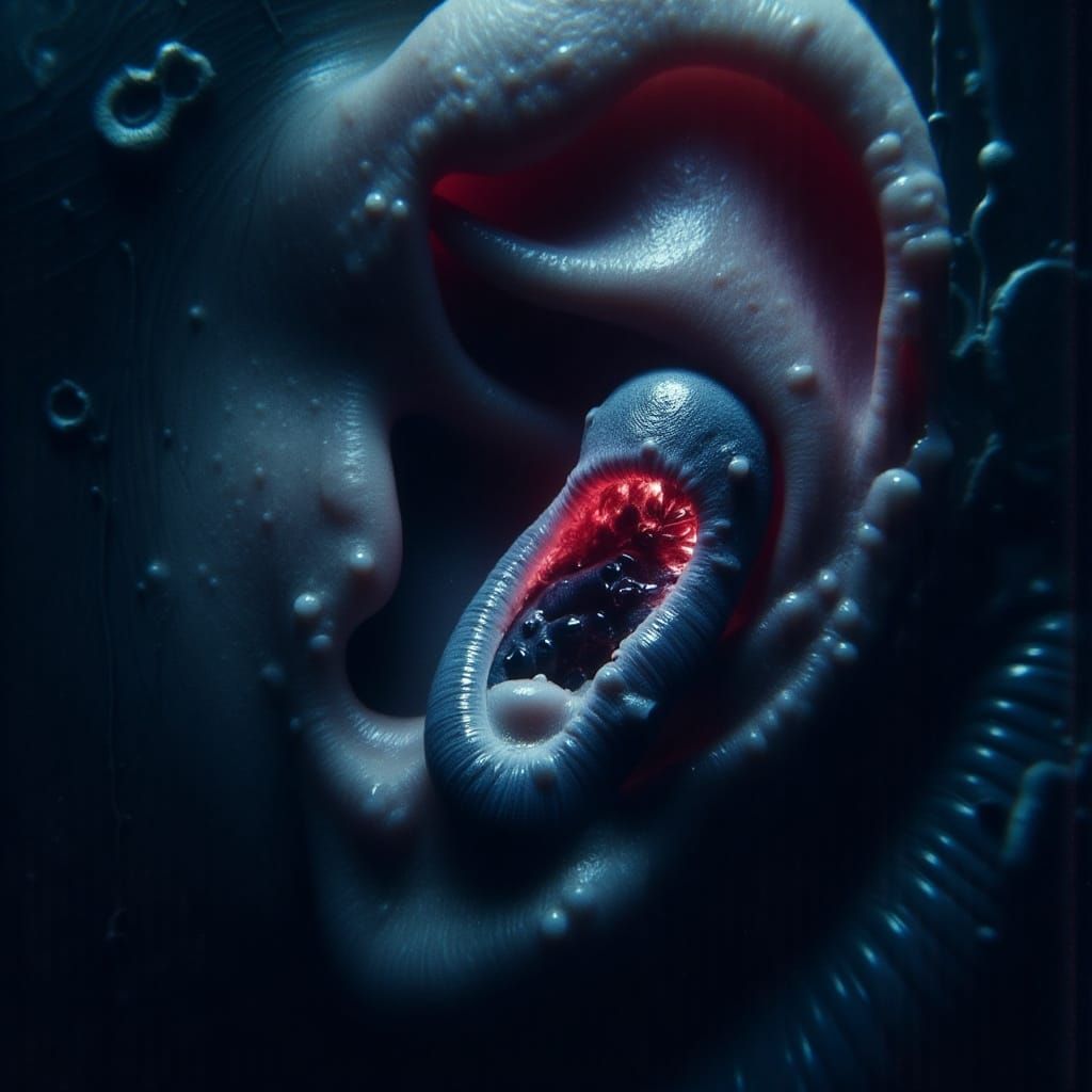 Alien Eel Burrowing Through Human Ear in Sci-Fi Scene