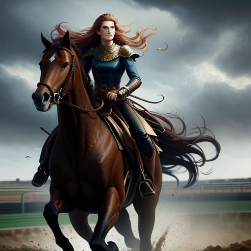 Dynamic Woman Horse Racer in Epic Fantasy Art Style