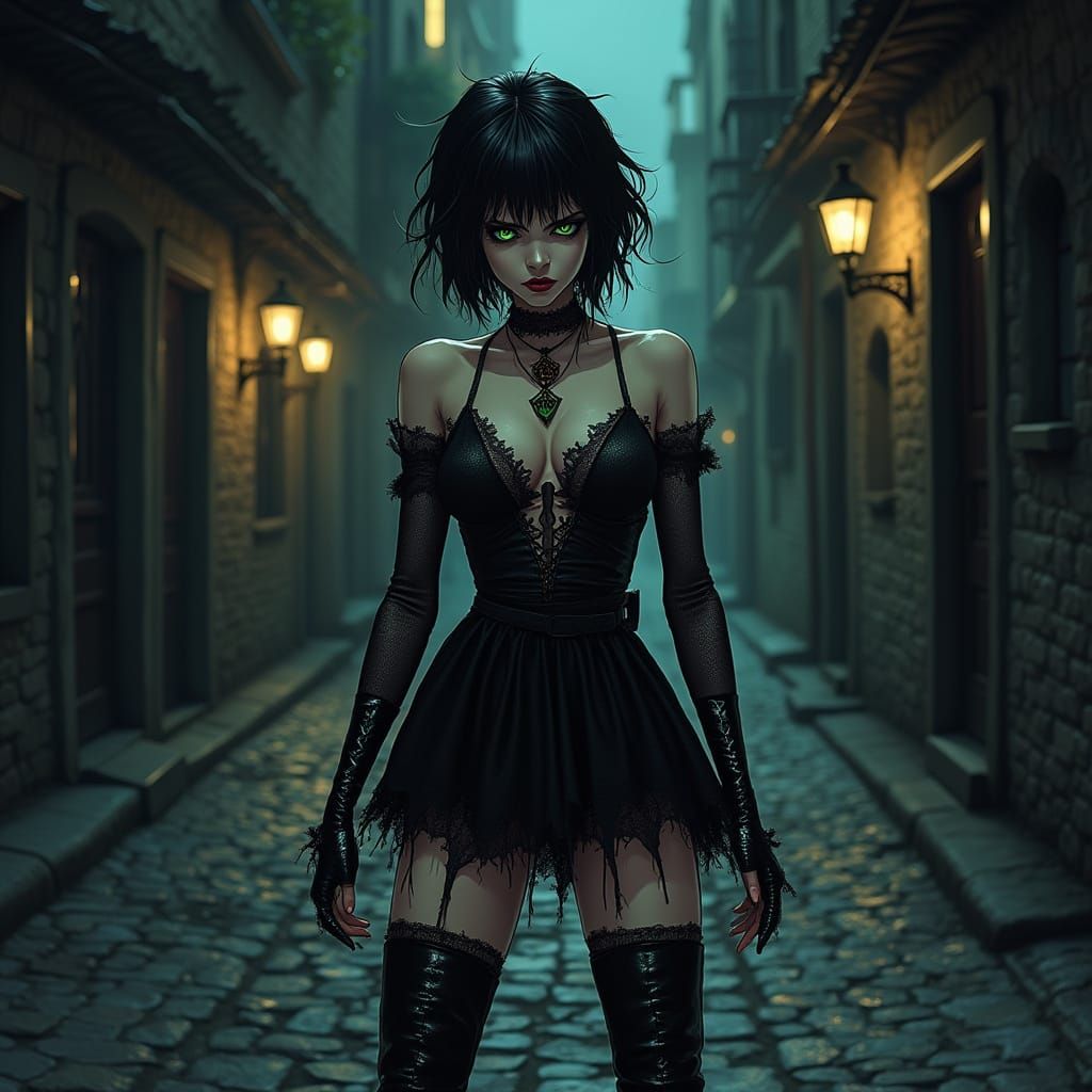 Dark Fantasy Comic Book Woman in a Cobblestone Alleyway