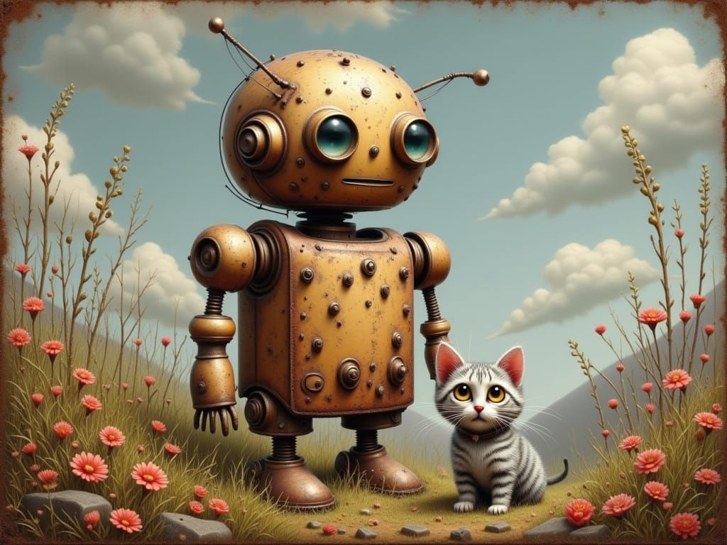 Cute Rusted Robot and Kitten in Whimsical Surreal Style
