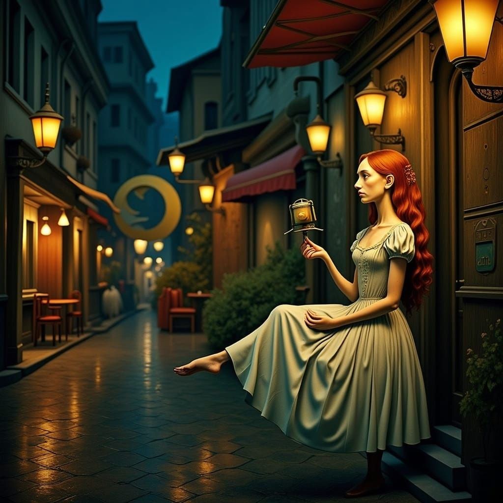 Surreal City Night with Vibrant Lights and Elegant Princess