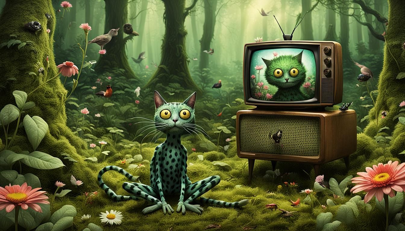 Whimsical Cat-Creature in Forest, Digital Art