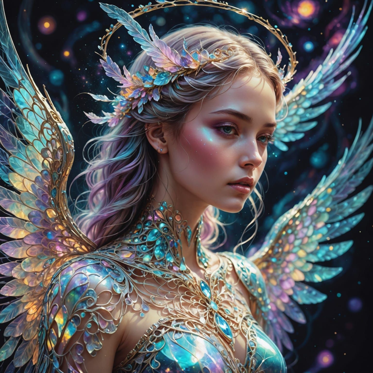 Filigree Fractal Angel in Pastel Color Ink