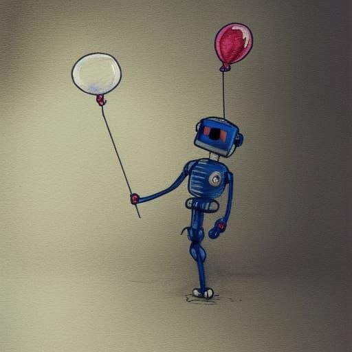 Lonely Robot with Balloon in Watercolor Style