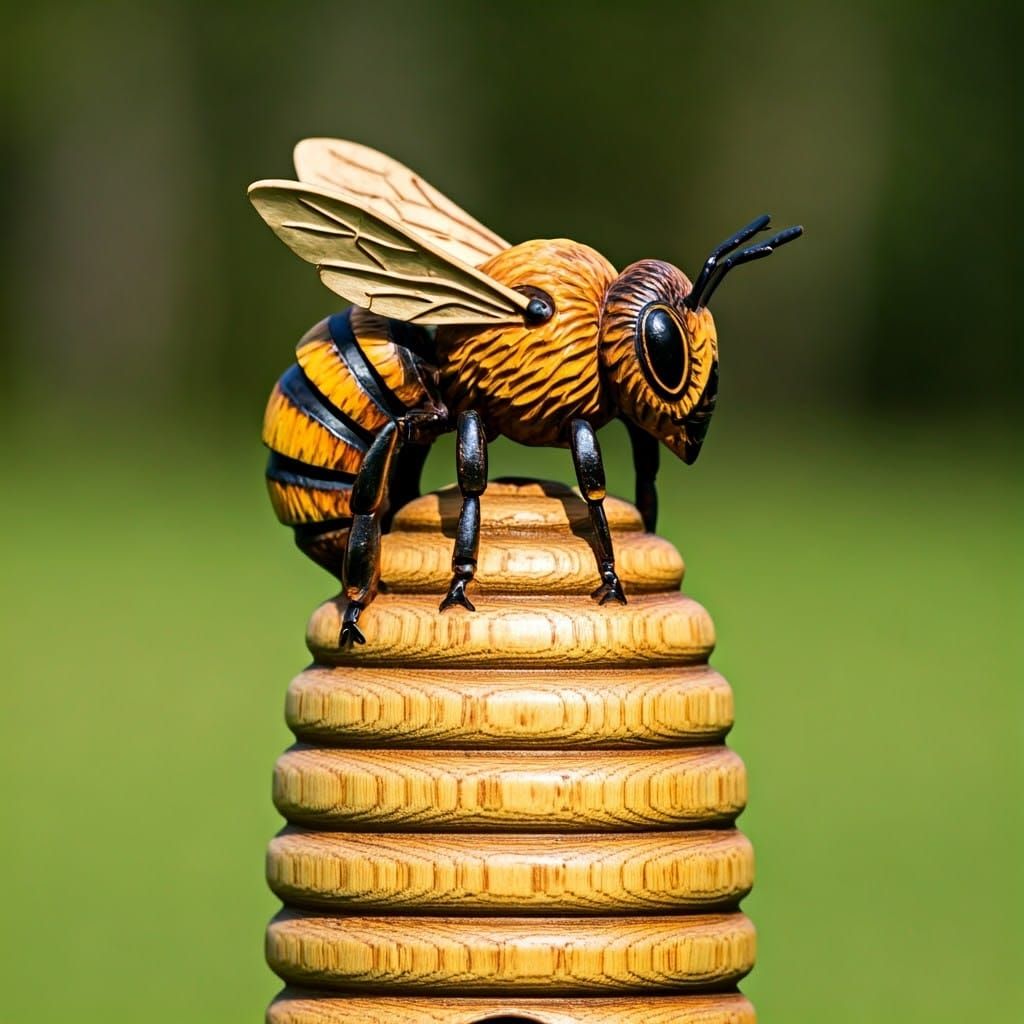 Wood carved honey bee on a wood carved honey bee hive.