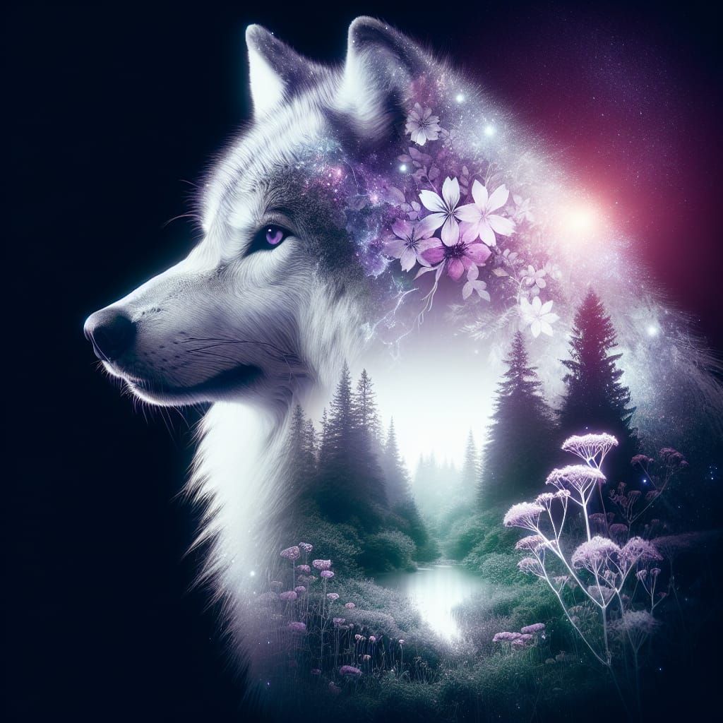 Wolf Double Exposure with Purple Forest and Magic