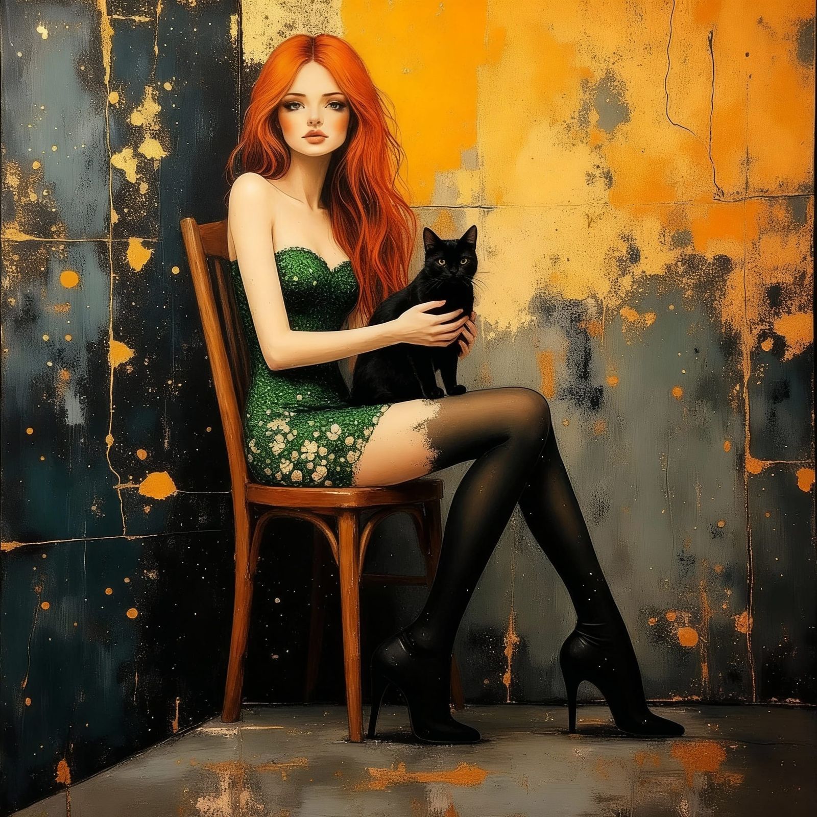 Irish Redhead Woman with Cat in Brutalist Style