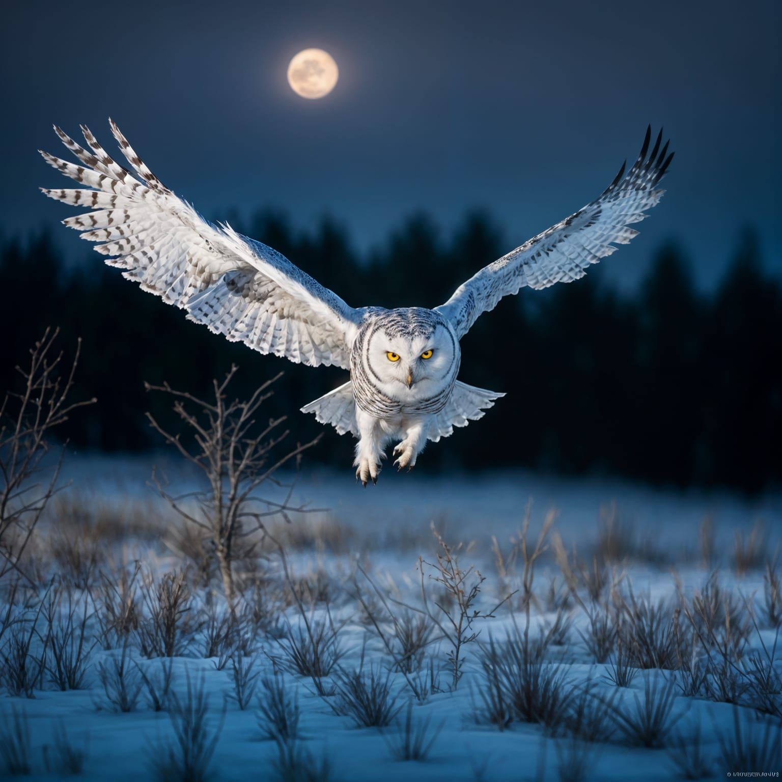Snowy Owl Hunting Mouse in Moonlit Meadow