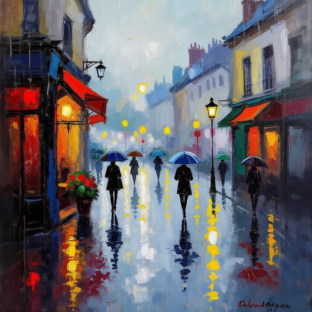 Rainy Cityscape Impressionist Painting
