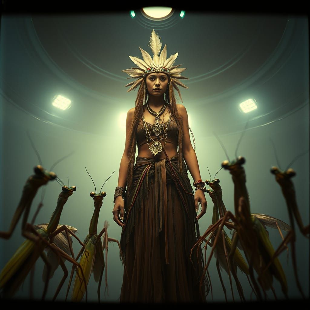 Mystical Shaman in UFO with Mantis Beings, Cinematic Film St...