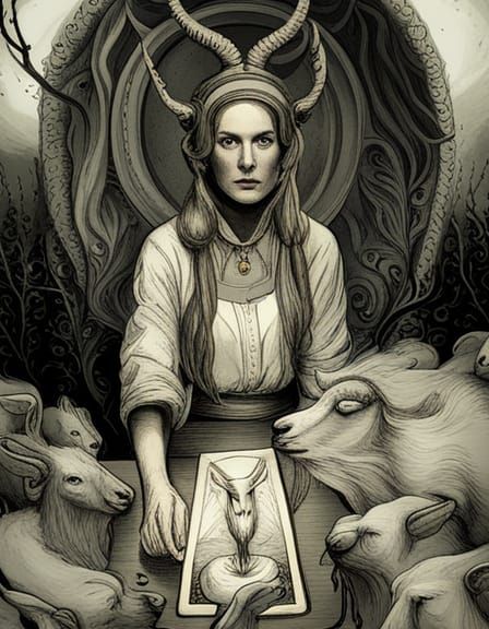 Tarot Card Goat Illustration: Spooky Lithograph