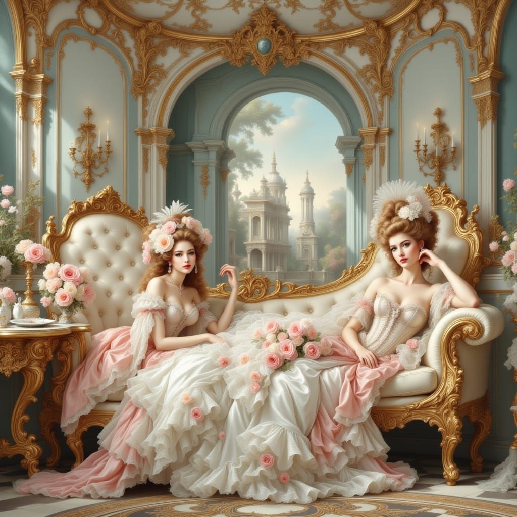 Ethereal Rococo Scene in Pastel Hues and Ornate Details