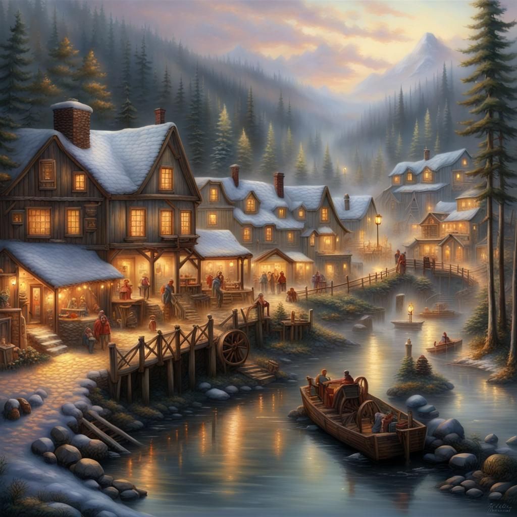 Ethereal Fantasy Village at Dawn, Water Wheel Sawmill in the...