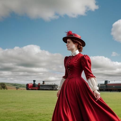 Victorian Lady Portrait with Steam Train and Birds