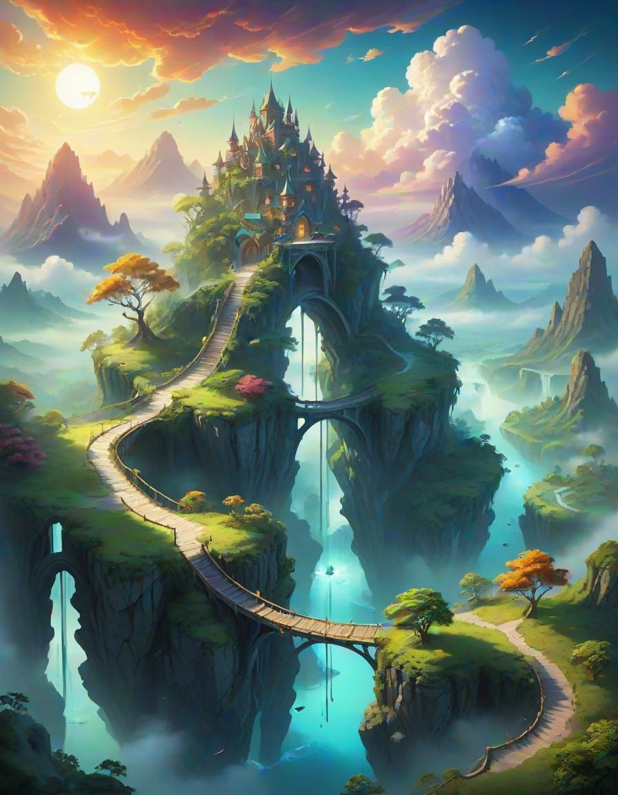 Floating Islands Over Misty Abyss: Airbrush Fantasy Art