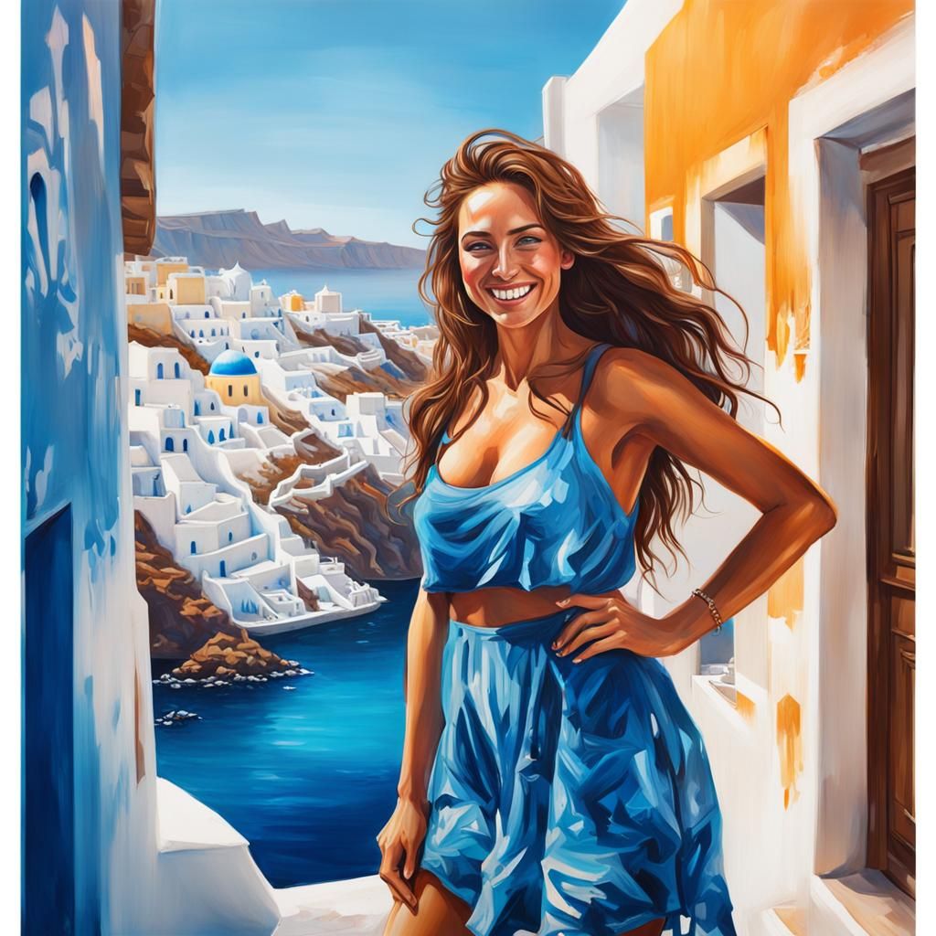 Young Woman Posing in Santorini Graffiti Art