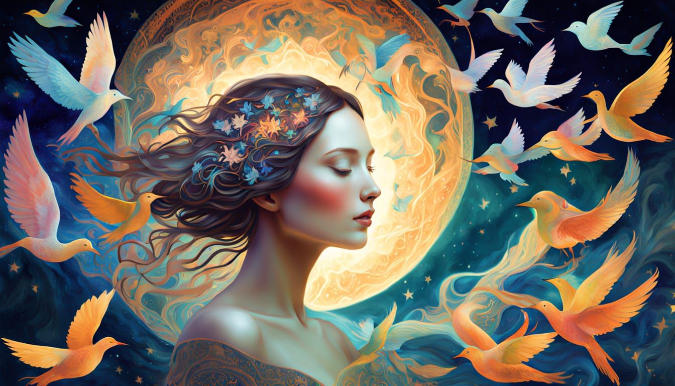 Ethereal Woman Dissolving into Birds Amidst Cosmic Energy