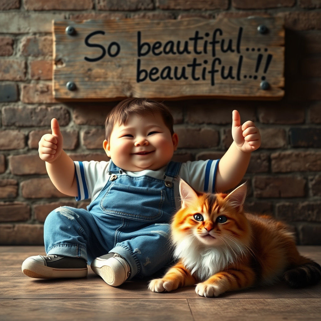 Boy Celebrates with Cat in Digital Art Style