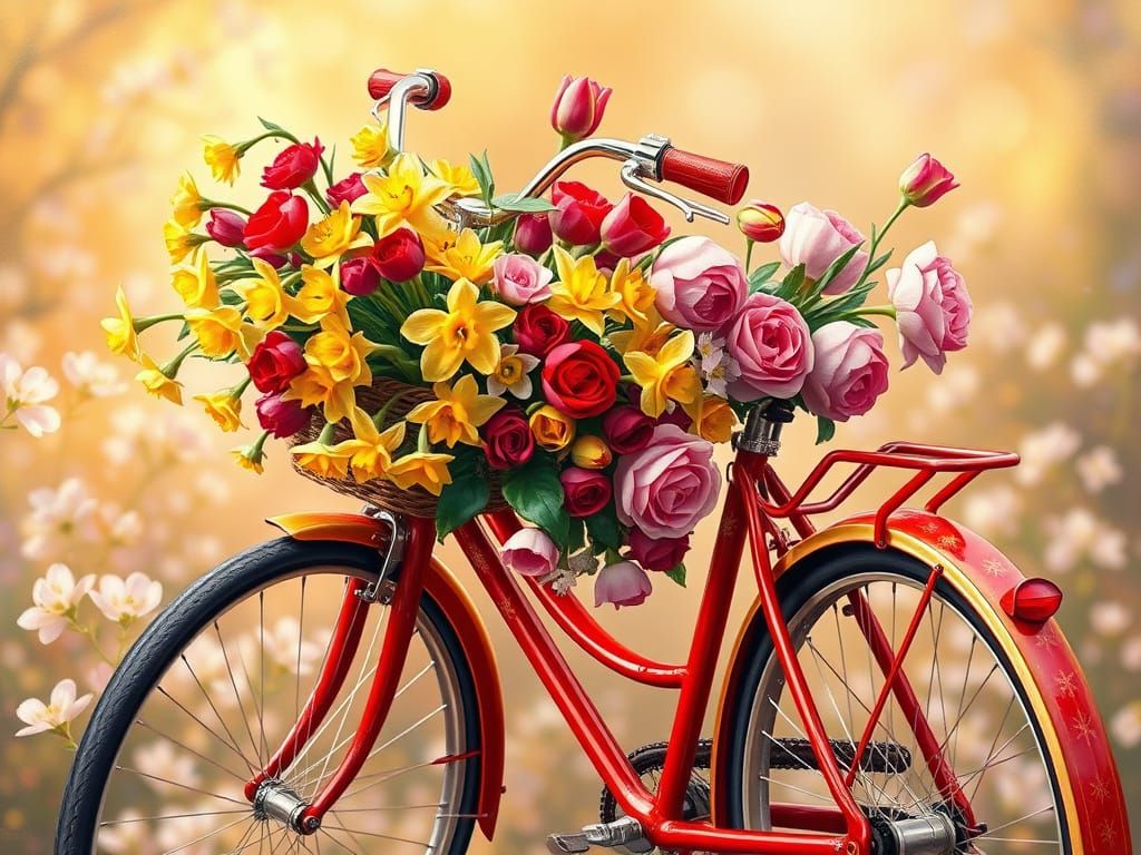 Bicycle, Red, Spring Flowers