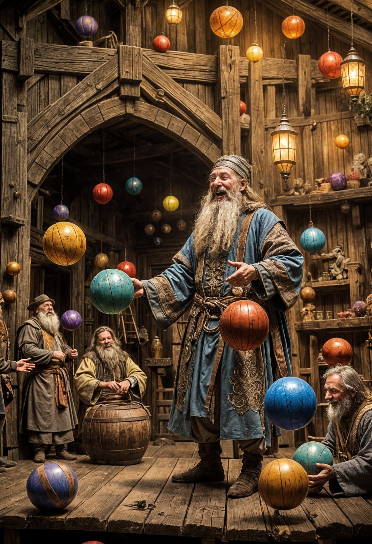 A tiny wizened old knight with a long beard, stands on a rus...