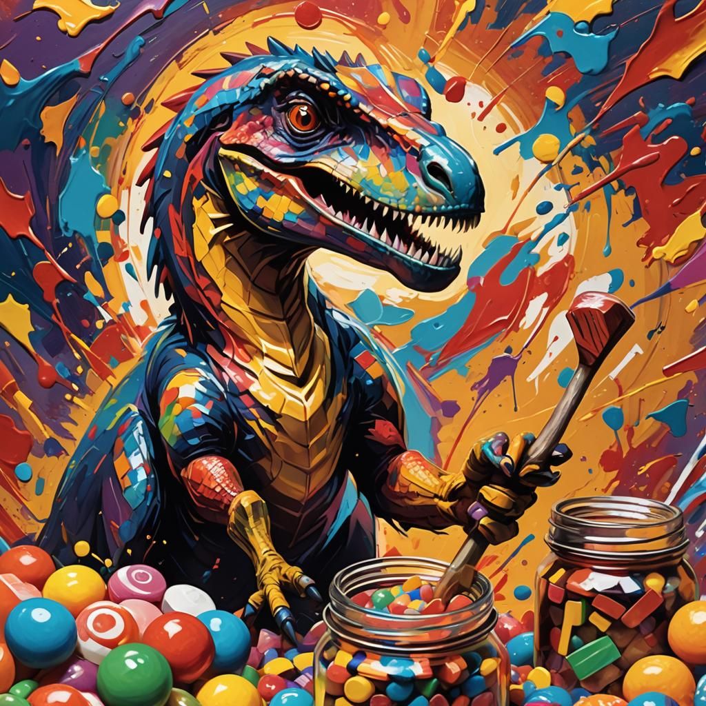 Velociraptor Opens Candy: Abstract Expressionist Painting