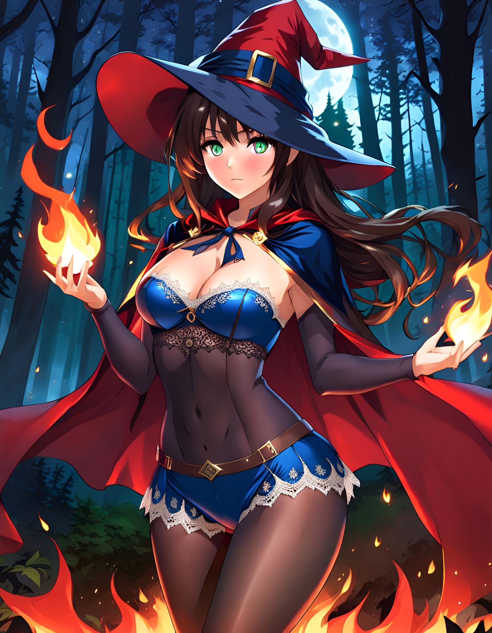 Anime Sorceress Creating Fire Magic in Forest