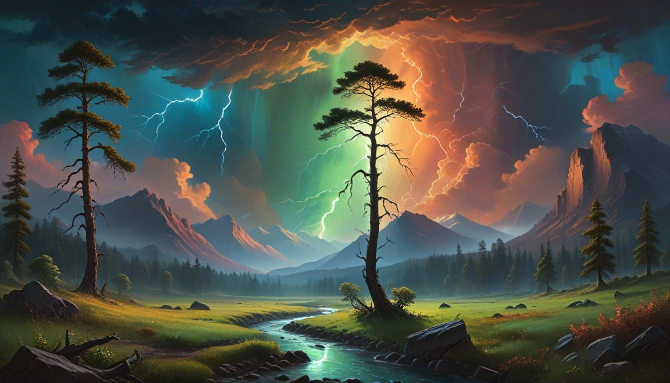 Ethereal Mountain Landscape Illuminated by Vibrant Lightning