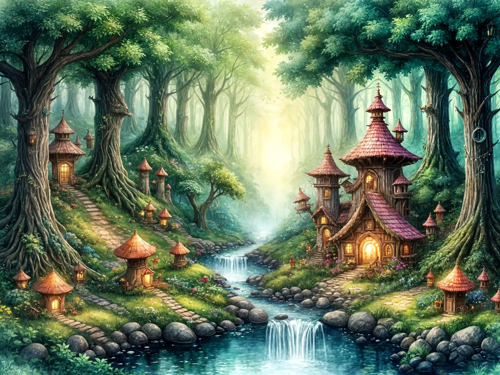 Whimsical Watercolor Fantasy Village in an Ancient Forest